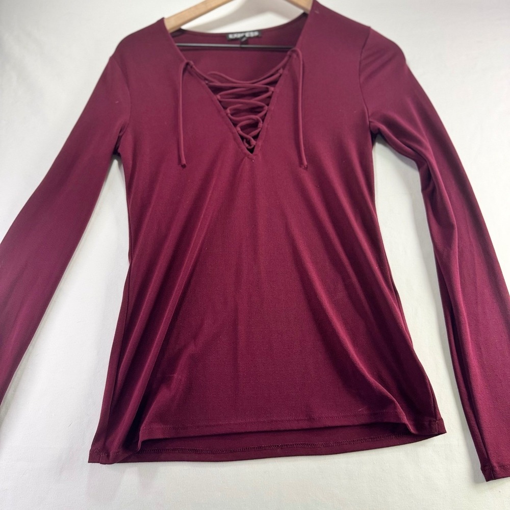 Express Lace Up V-Neck Top Size M Burgundy Long Sleeve Stretch Crepe Blouse